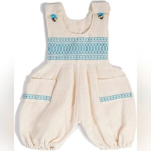 Cream and Blue Embroidered Baby Overalls